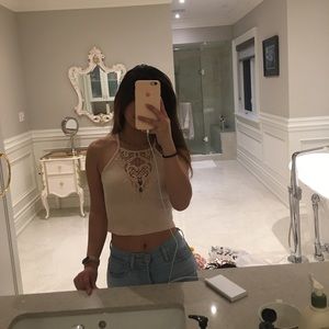 Halter neck top with lace detail in the front